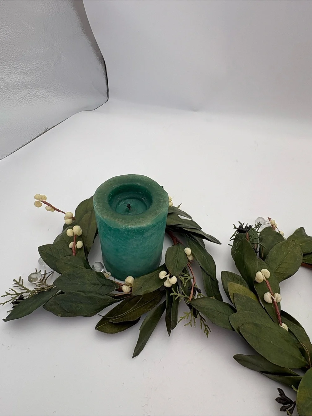 Green Leaf and White Berry Decorative Candle Wreath Duo